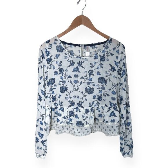 XHILIRATION Tiered Ruffle Floral Peplum Blouse Chiffon Long Sleeve Blue Small - Picture 7 of 10